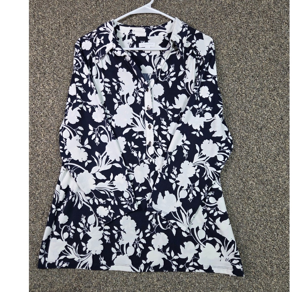 Charter Club Floral Tunic‎ Blouse Womens XXL Navy Blue Long Sleeve Button Top